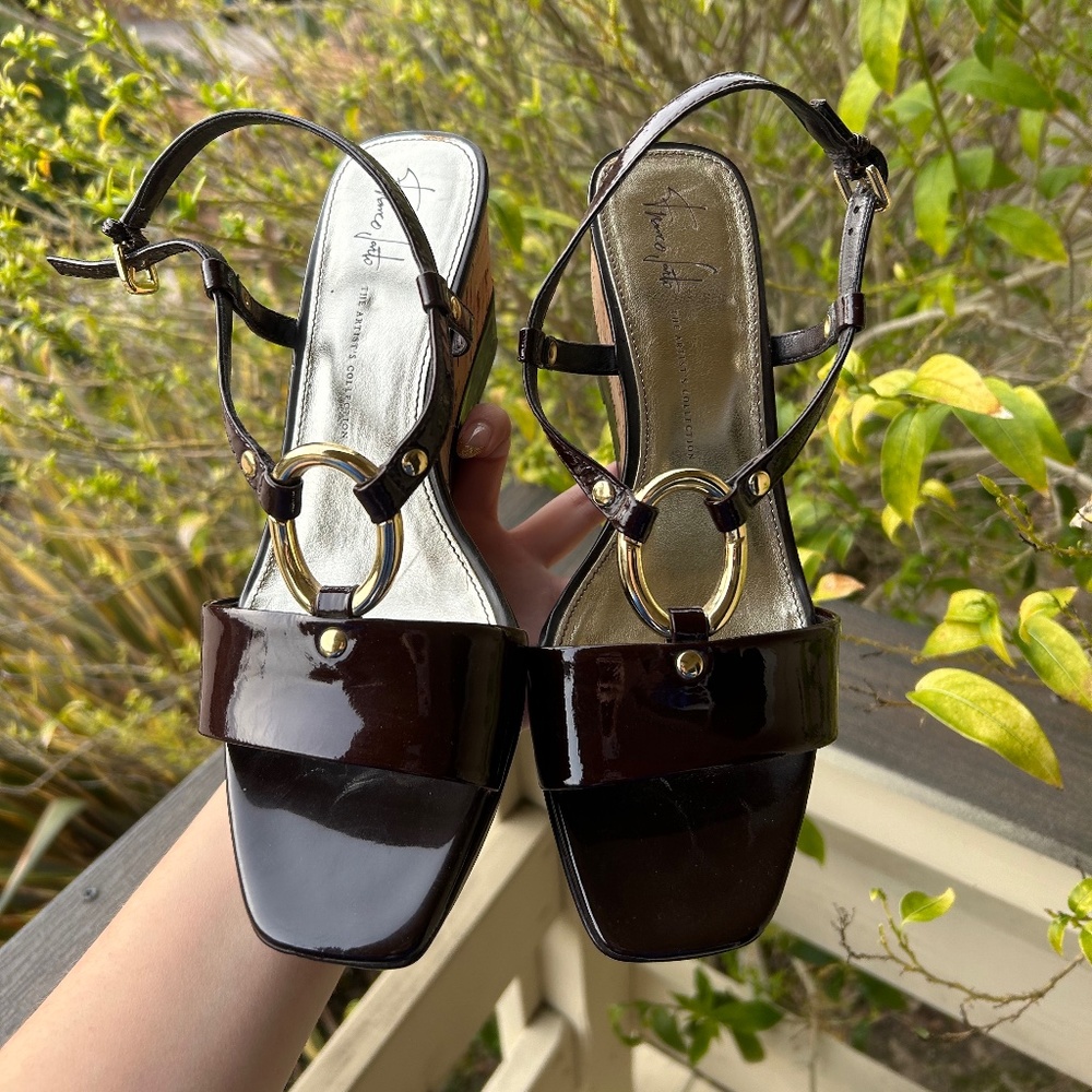 franco sarto brown leather wedge gold accent